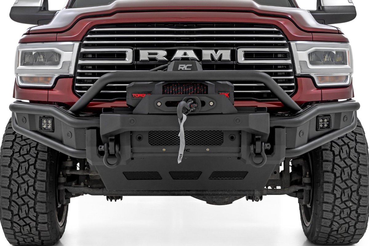 Ram 2500 Bumper - Front - Rough Country - Tubular, Winch Mount, Stinger Bar, Integrated Skid Plate, Light Bar Mount - Satin Black - '19-'26